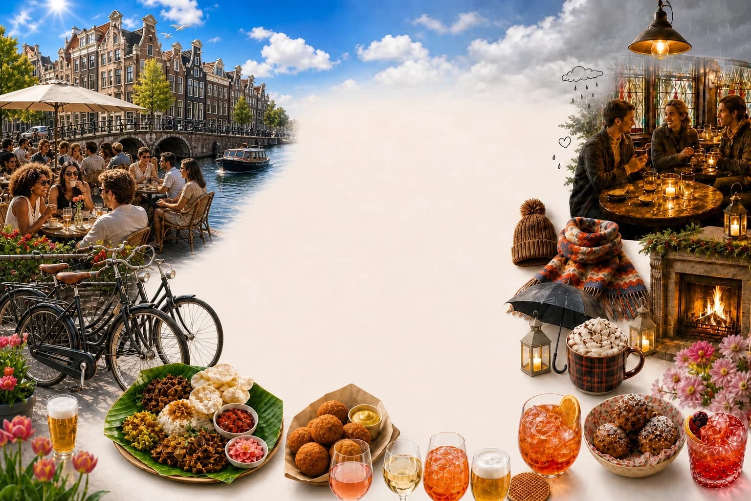 A digital collage of sunny Amsterdam terraces, a warm cafe on a rainy day, and colourful food and drinks