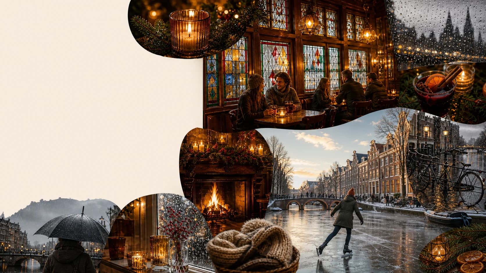 A winter Amsterdam collage moving from a frozen canal and rainy streets into a warm firelit brown cafe