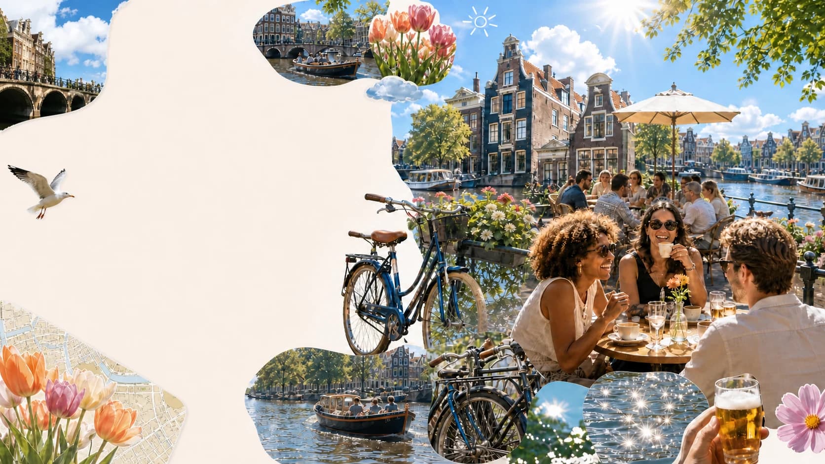 A sunny Amsterdam collage of canals, architecture, bicycles, tulips and friends around a busy terrace